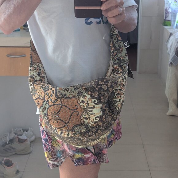 HOMEMADE CROSSBODY BAG-BEAUTIFUL EXOTIC FABRIC-BROWNS/TANS/SAGE-UNUSED - Picture 2 of 11